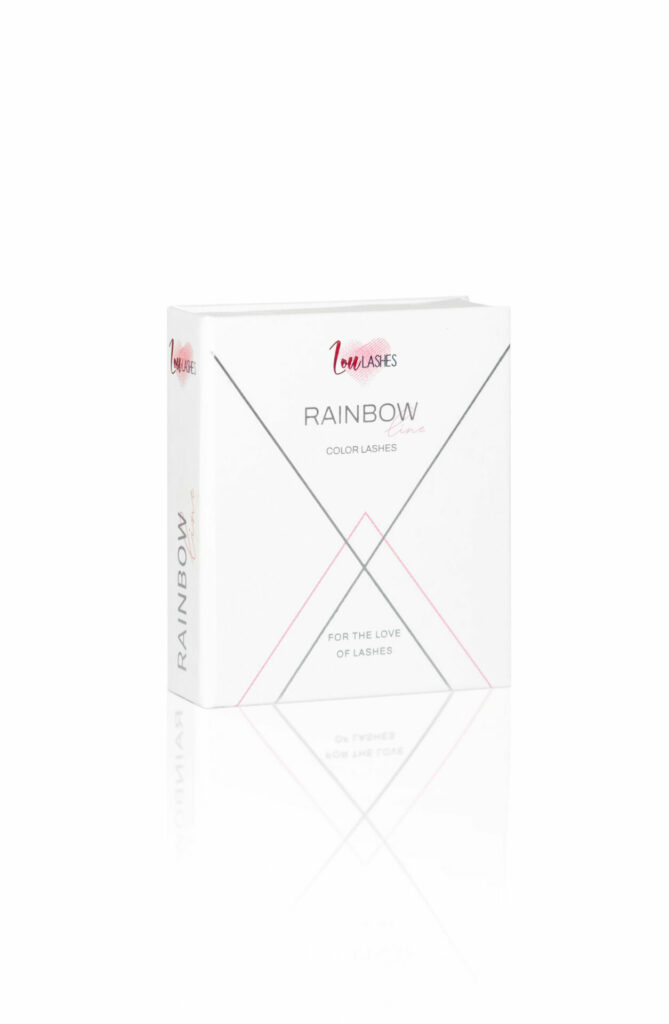 Pudełko rzęs Rainbow Line w ekologicznej kasetce – kolorowe rzęsy do przedłużania w odcieniach fioletu, niebieskiego, różowego i ombre